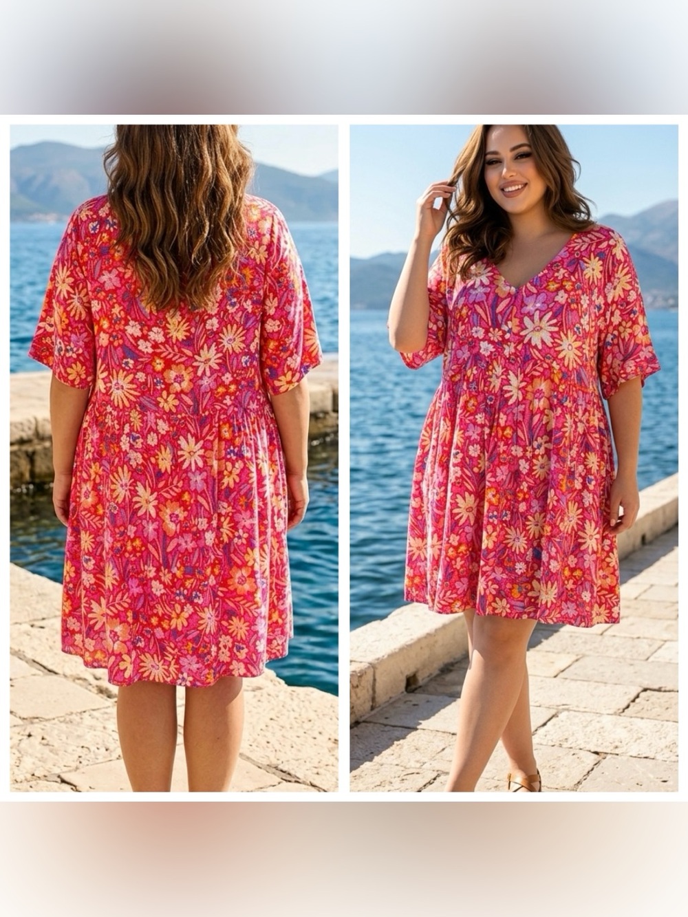 ANDREE BY UNIT Women Sz 1X Babydoll Peasant multicolor Floral V-Neck Mini Dress